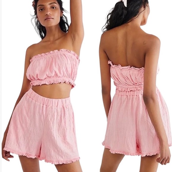 Free People Beach Twyla Ruffle Slubbed Cotton Pink Shorts with Micro Ruffle - Picture 2 of 9